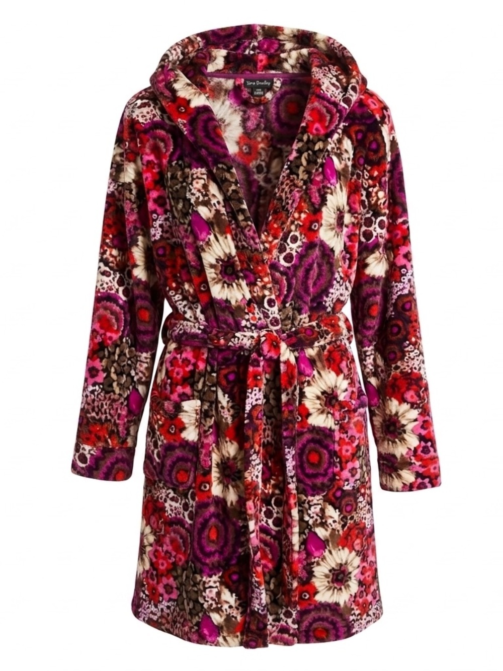 Vera Bradley Rosewood Hooded Plush Bathrobe S/M Floral Lounge Robe